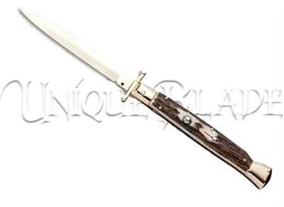 Frank B. 11" Stag Italian Stiletto Swinguard Gold Plated - Bayonet Gold - Immerse yourself in opulence with this 11" stiletto swinguard knife, showcasing a stag handle and a gold-plated bayonet blade for a touch of elegance and precision.