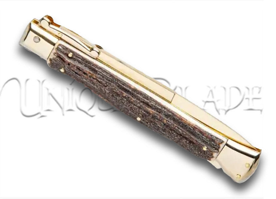 Frank B. 11" Stag Italian Stiletto Swinguard Gold Plated - Bayonet Gold