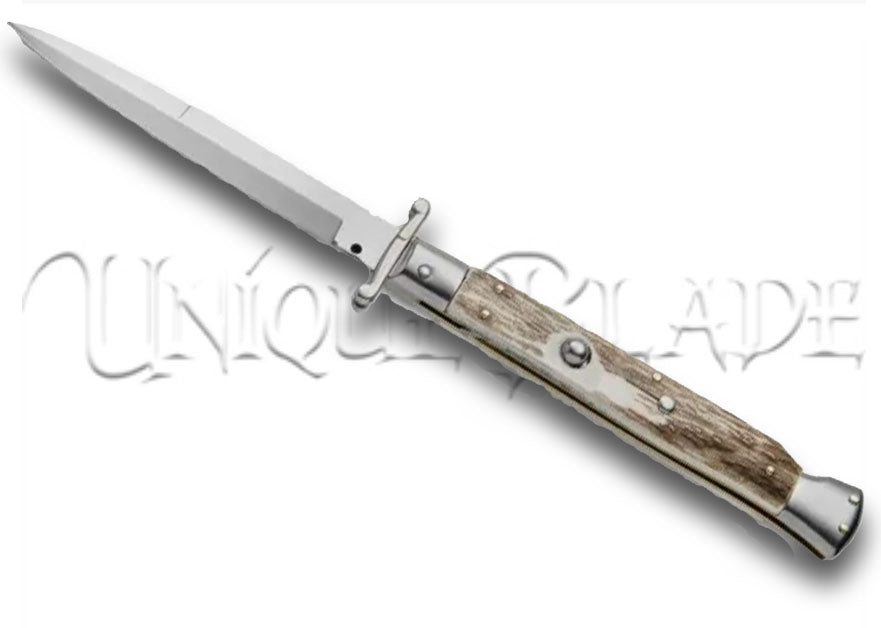 Frank B. 11" Italian Stiletto Swinguard Stag Horn Automatic Knife - Bayonet - Elevate your collection with this 11" stiletto swinguard automatic knife, showcasing a stag horn handle and a classic bayonet blade for timeless style and precision.