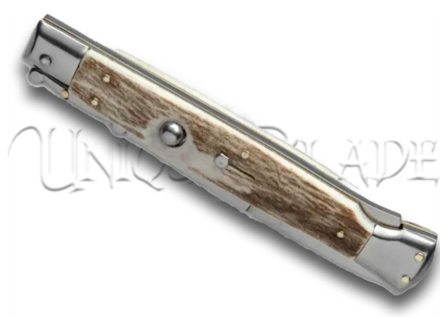 Frank B. 11" Italian Stiletto Swinguard Stag Horn Automatic Knife - Bayonet