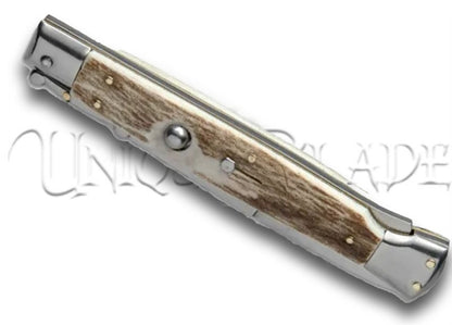 Frank B. 11" Italian Stiletto Swinguard Stag Horn Automatic Knife - Bayonet