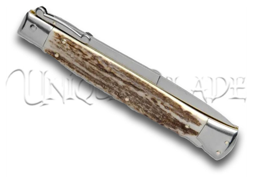 Frank B. 11" Italian Stiletto Swinguard Stag Horn Automatic Knife - Bayonet