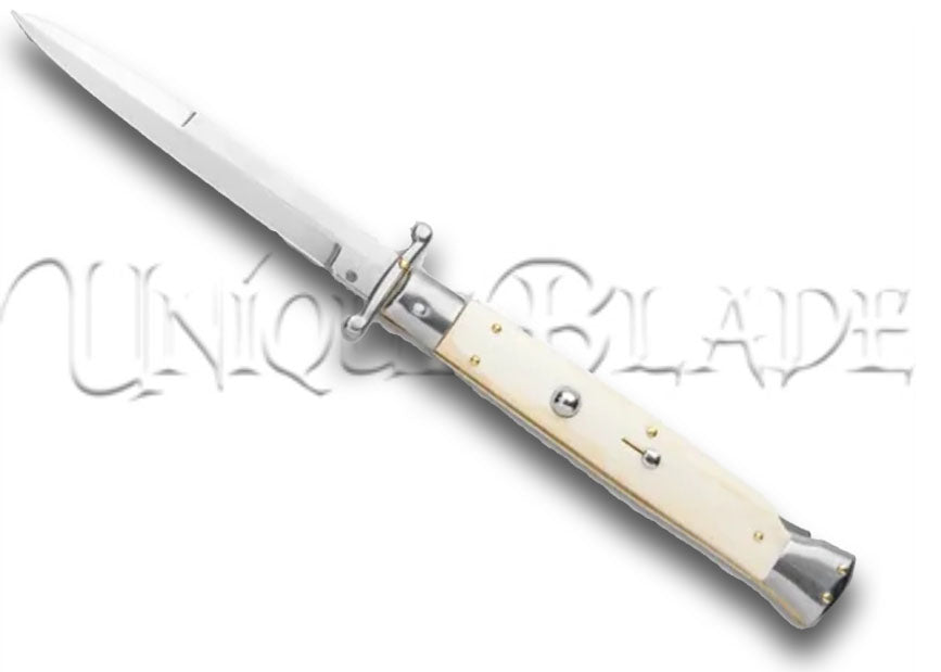 Frank B. 11" Italian Stiletto Swinguard Bone Automatic Knife - Bayonet - Elevate your collection with this 11" stiletto swinguard automatic knife, showcasing a bone handle and a classic bayonet blade for timeless style and precision.