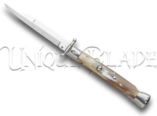 Frank B 11" Italian Stiletto Swinguard Honey Horn Automatic Knife - Bayonet
