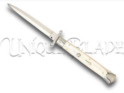 Frank B. 11" Italian Stiletto Swinguard Mother of Pearl Automatic Knife - Dagger - Timeless Elegance in Mother of Pearl - This swinguard automatic knife features a lustrous Mother of Pearl handle and a classic dagger blade for a touch of sophistication.