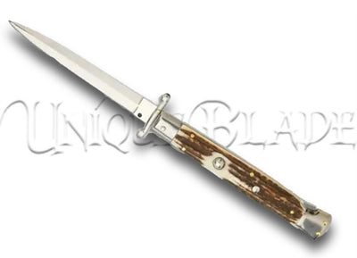 Frank B. 11" Italian Stiletto Swinguard Stag Horn Automatic Knife - Dagger - Immerse yourself in Italian elegance with this 11" stiletto swinguard automatic knife, featuring a stag horn handle and a classic dagger blade for a touch of sophistication and precision.