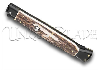 Frank B. 11" Italian Stiletto Swinguard Stag Horn Automatic Knife - Bayonet