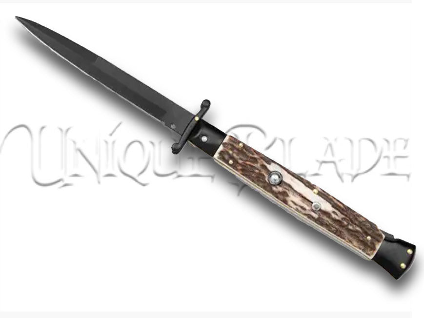 Frank B. 11" Italian Stiletto Swinguard Stag Horn Automatic Knife - Bayonet - Immerse yourself in the legacy of Italian craftsmanship with this 11" stiletto swinguard automatic knife, featuring a stag horn handle and a classic bayonet blade for timeless style and precision.