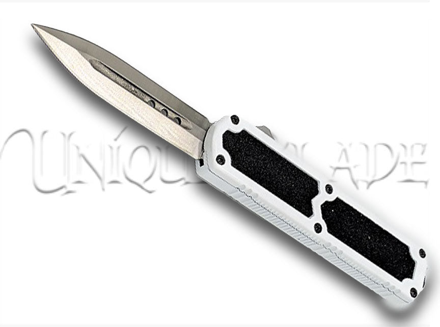 Titan OTF Automatic Switchblade Knife: White - Unleash elegance and precision with this out-the-front knife, featuring an automatic switchblade mechanism in a sleek white design.