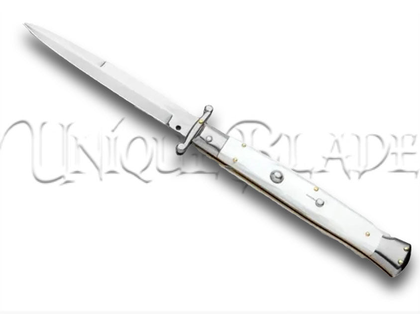 Frank B. 11" Italian Stiletto Swinguard White Automatic Knife - Bayonet - Experience the elegance of Italian design with this 11" stiletto swinguard automatic knife, featuring a white handle and a classic bayonet blade for a perfect blend of style and precision.
